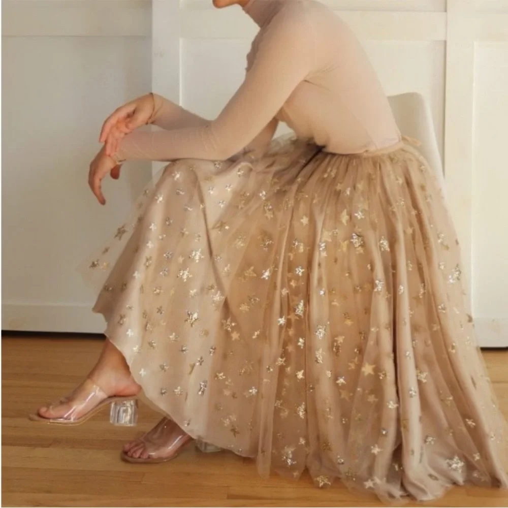 Lirika Matoshi Beige Tulle A-Line Skirt with Gold Star Embellishments - Picture 1 of 7